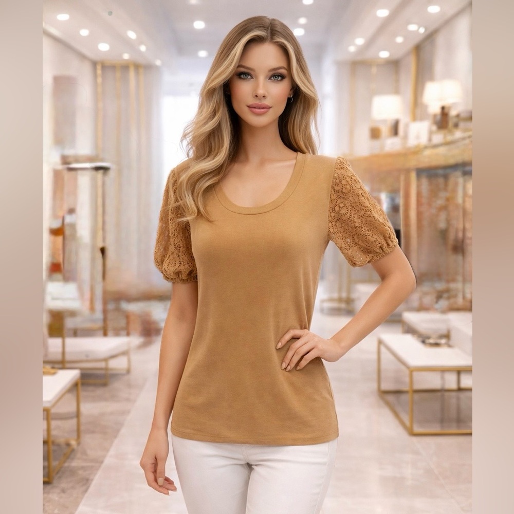 Cupio Tan Lace Puff Sleeve Top XL | Neutral Boho Chic Soft Knit Blouse‎